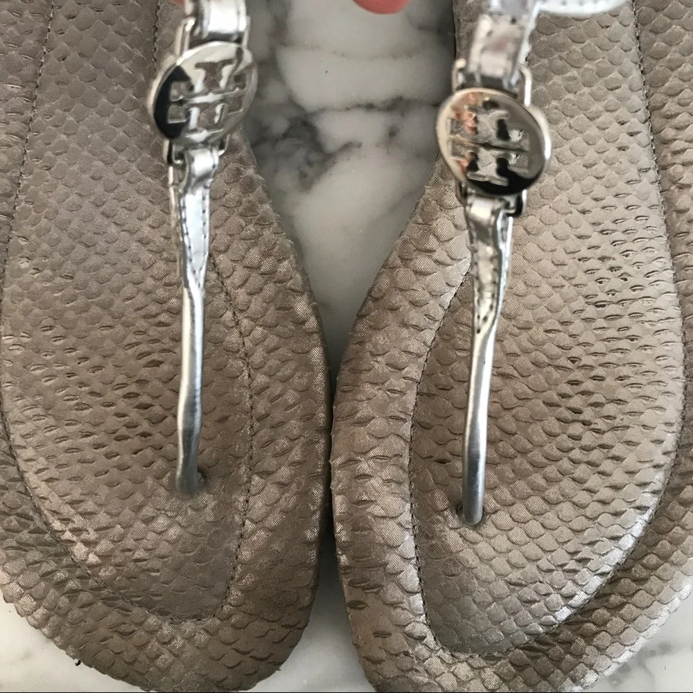 TORY BURCH Snakeskin Silver T-Strap Emmy Sandal